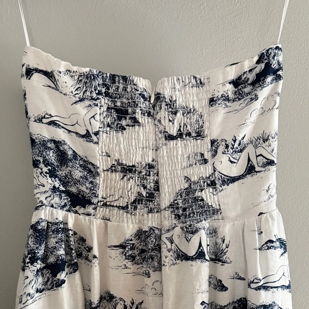 Reformation White Strapless Dress with Navy Scenic Print - Picture 4 of 5